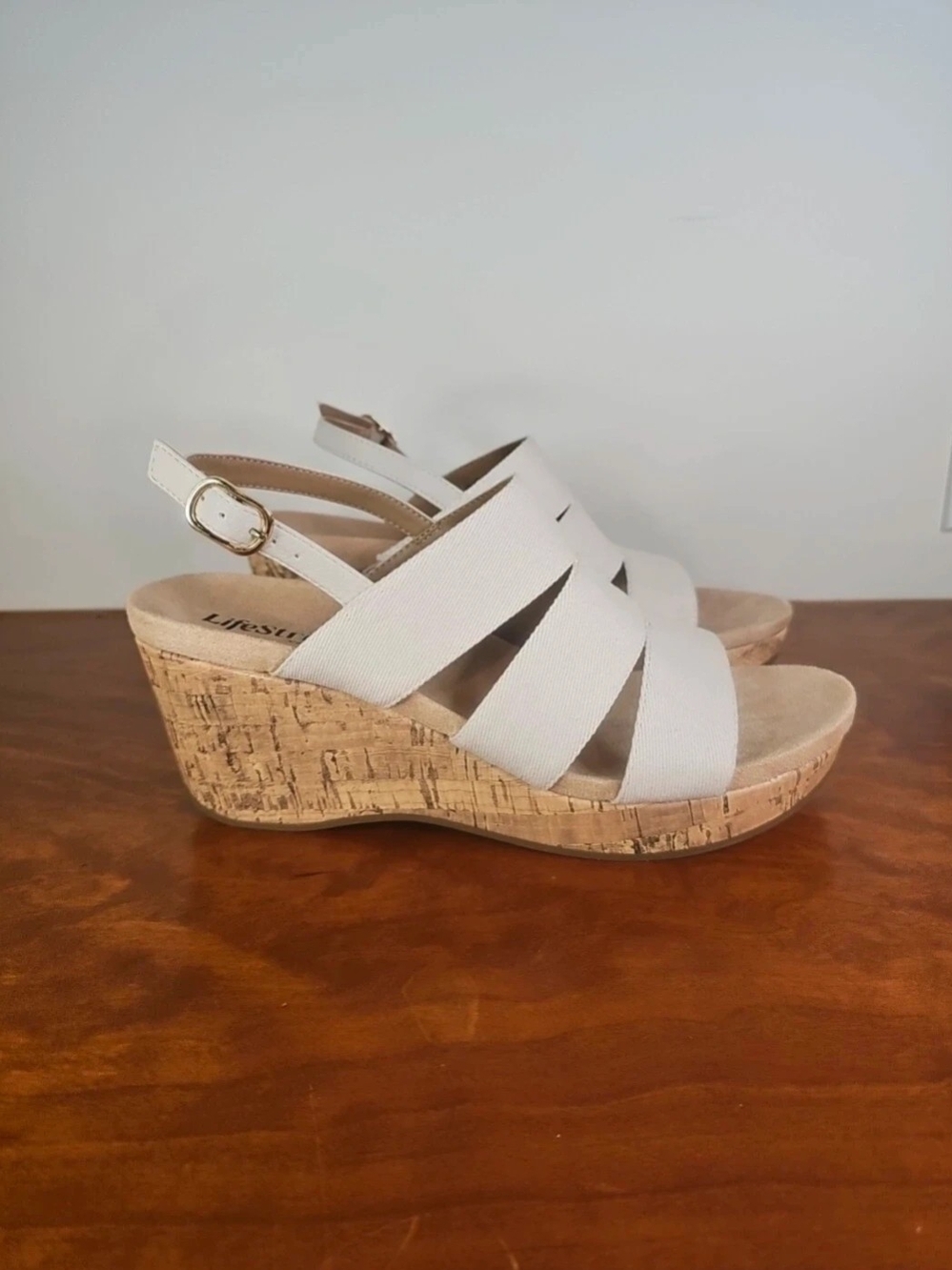 LifeStride White Cork Wedge Slingback Sandals Women's 8.5